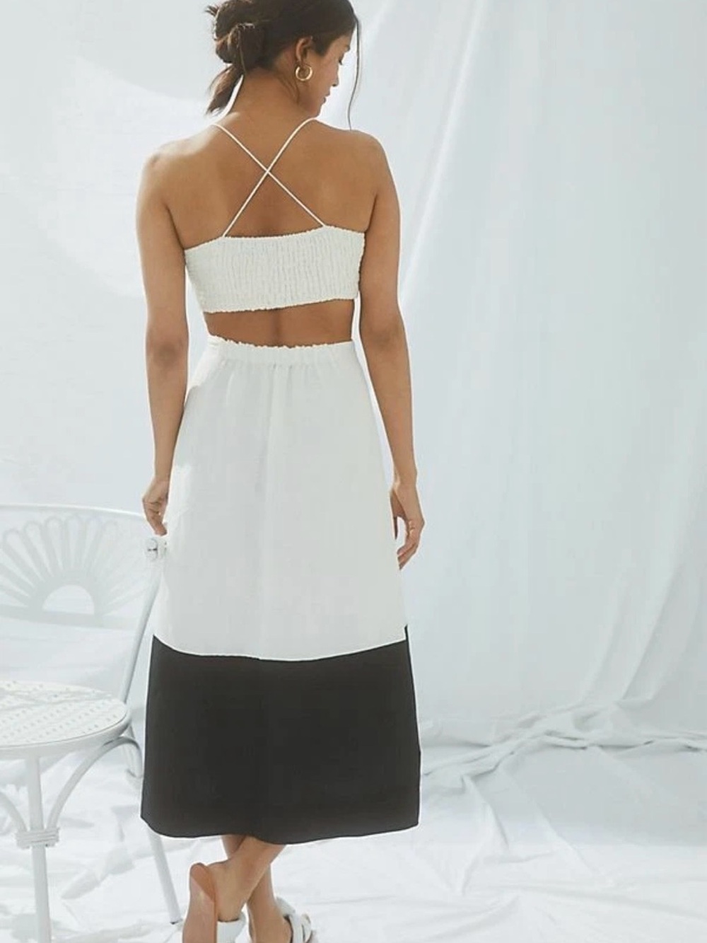 Anthropologie Maeve Linen Blend Colorblocked Contrast Midi Dress. Tie at neck. M - Picture 2 of 15